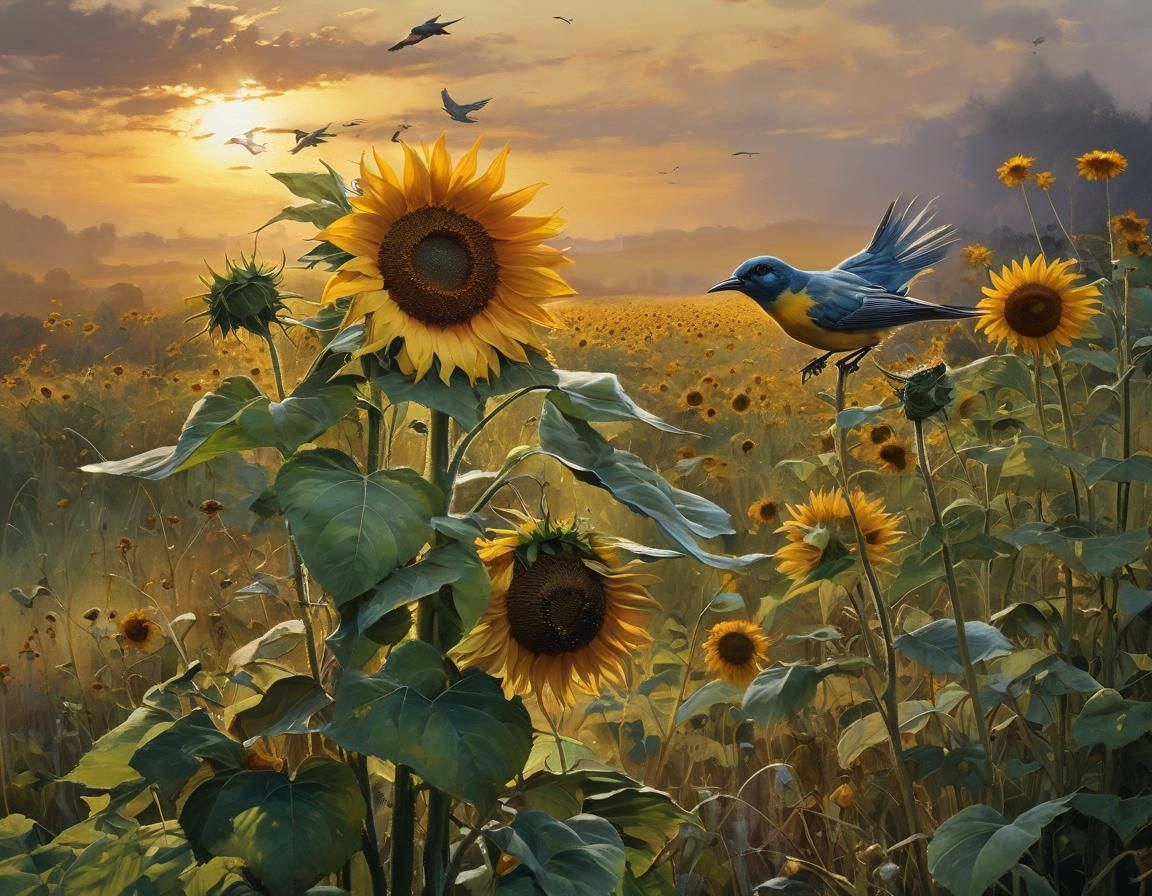 Sunflower and Bird at Sunset: Watercolor Painting