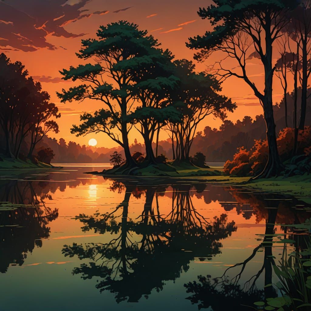 Misty Sunset Reflections on Calm Lake