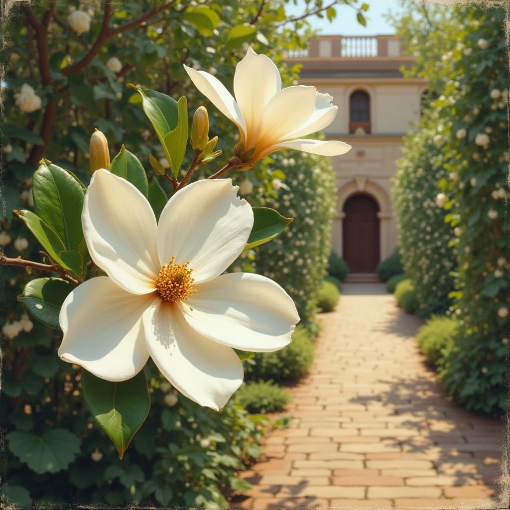 Serene Garden Oasis with Grand Magnolias in Full Bloom