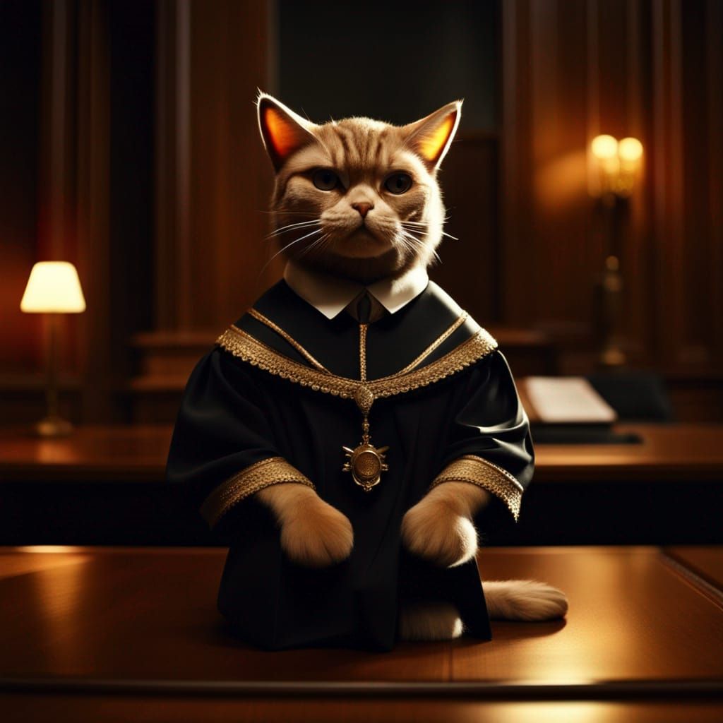 Humanoid Cat Judge in Courtroom Interior