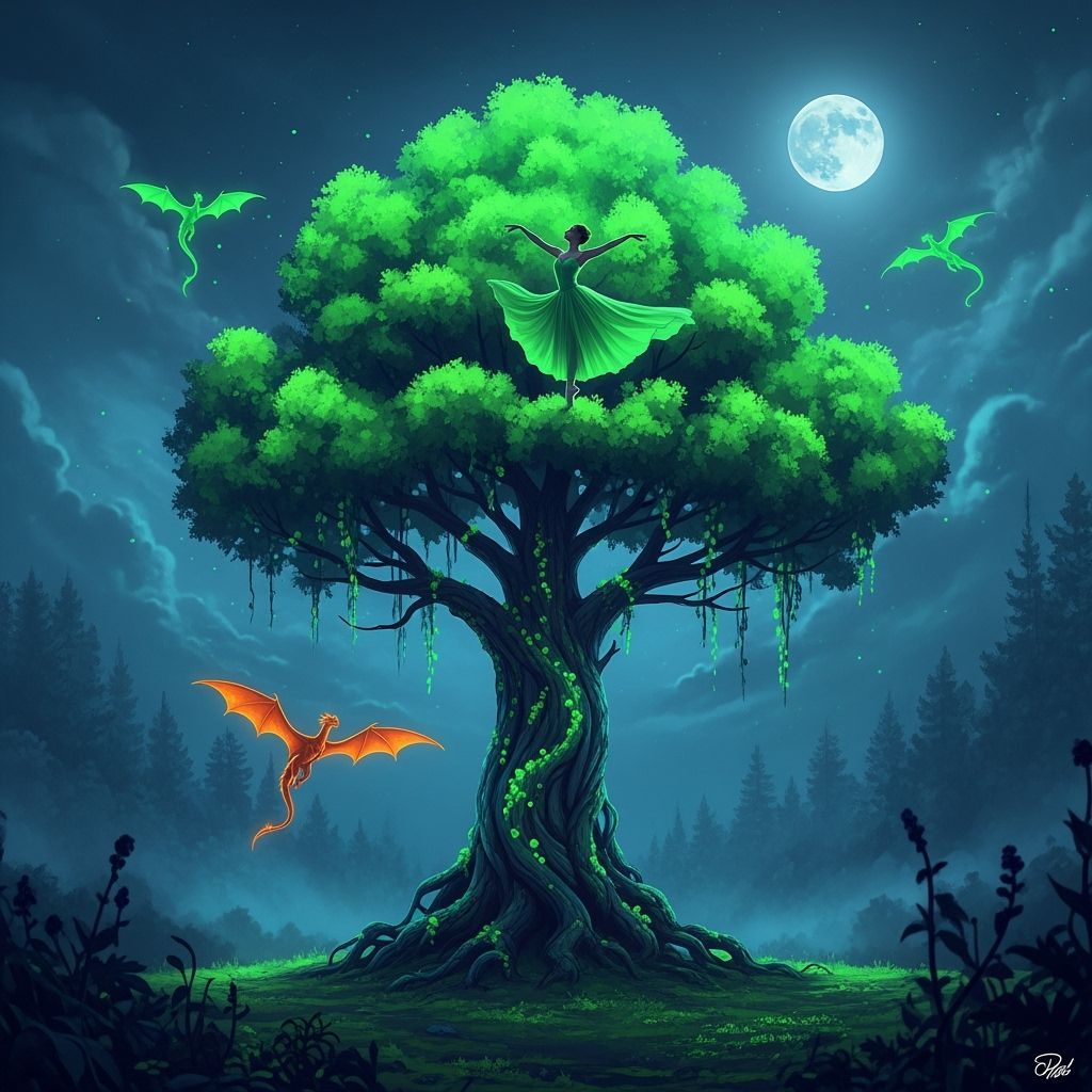 Neon Tree with Ballerina and Dragons in Matte Painting Style