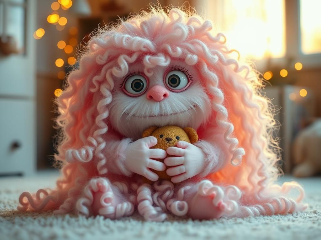 Cute Furry Monster with Pastel Hair in Dreamy Light