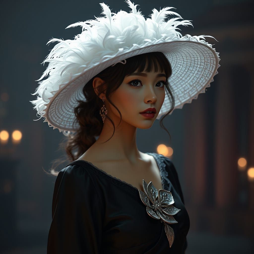a girl model shows a poetic image of a dark silk evening dress with a silver lace flower brooch, a big hat made of white...