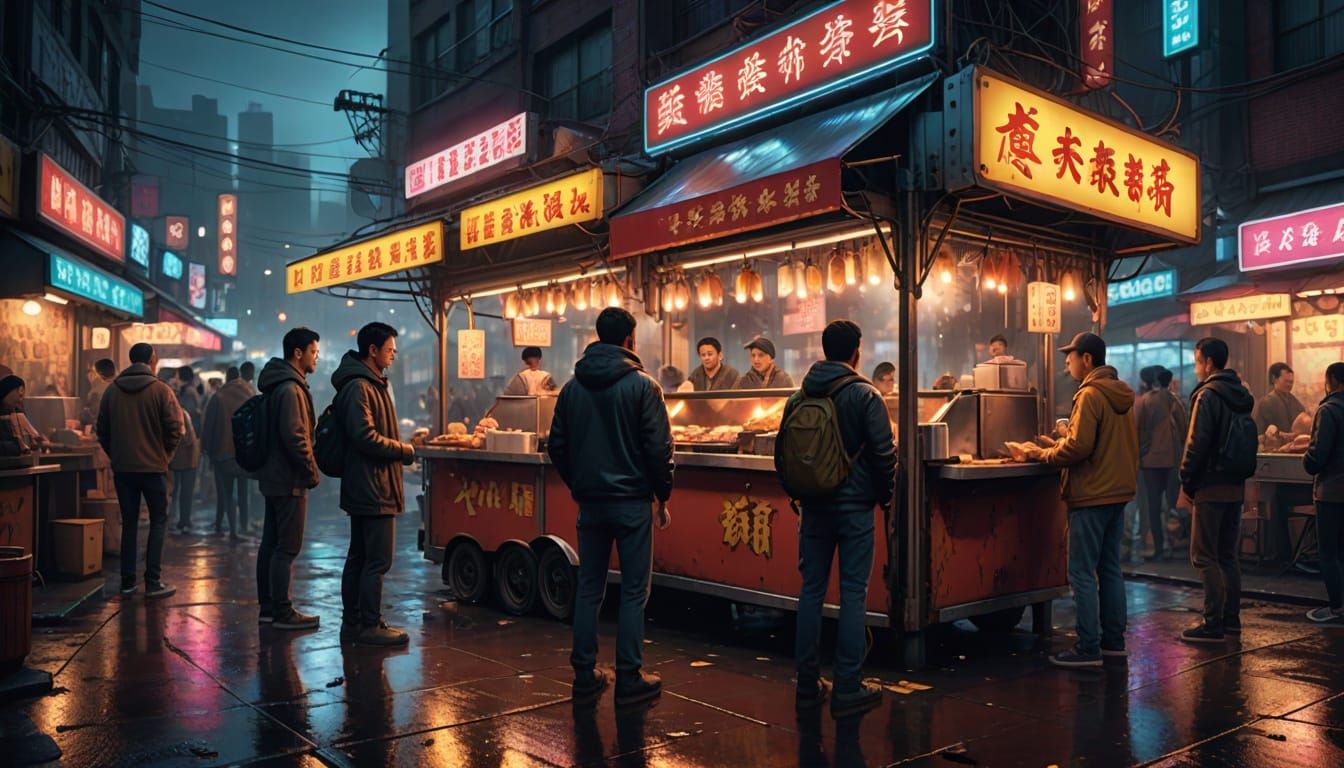 Vibrant Night Market Street Food Scene in Cinematic Animatio...