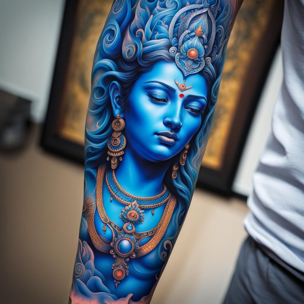 Blue Hindu Goddess Tattoo Sleeve in Hyperrealistic Style