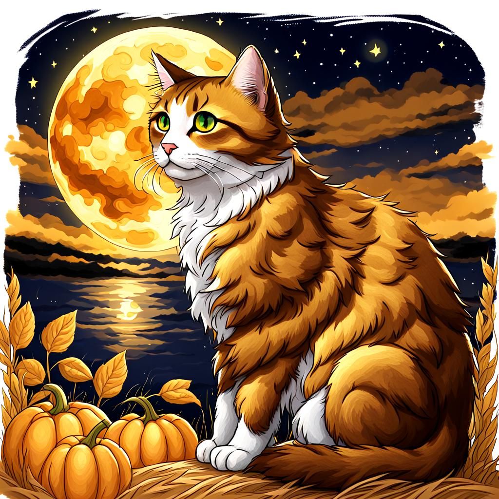 Cat Gazing at Harvest Moon in Night Sky