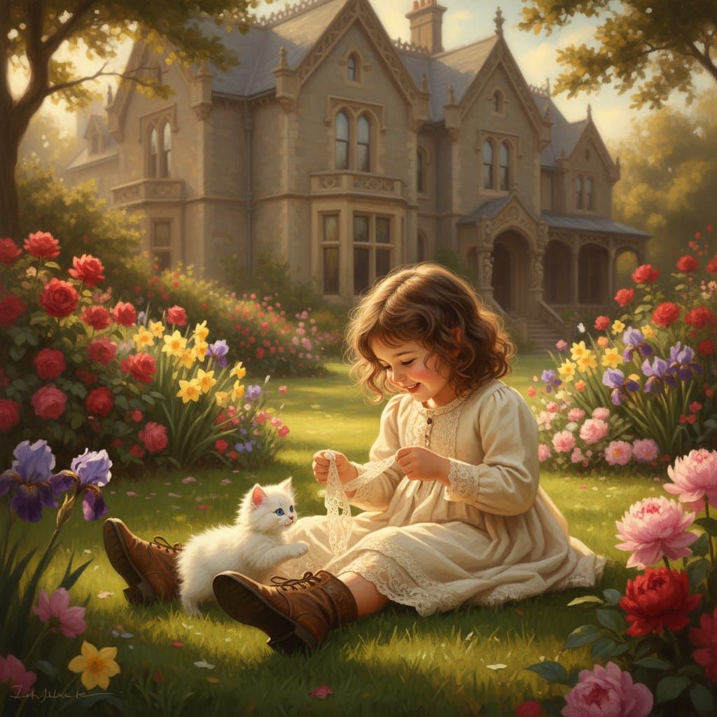 Girl and Kitten Outside Victorian Home, Photorealistic