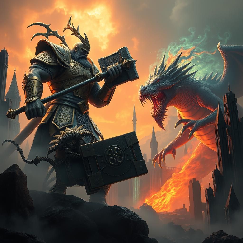 Warrior vs Monster in Bioluminescent Landscape