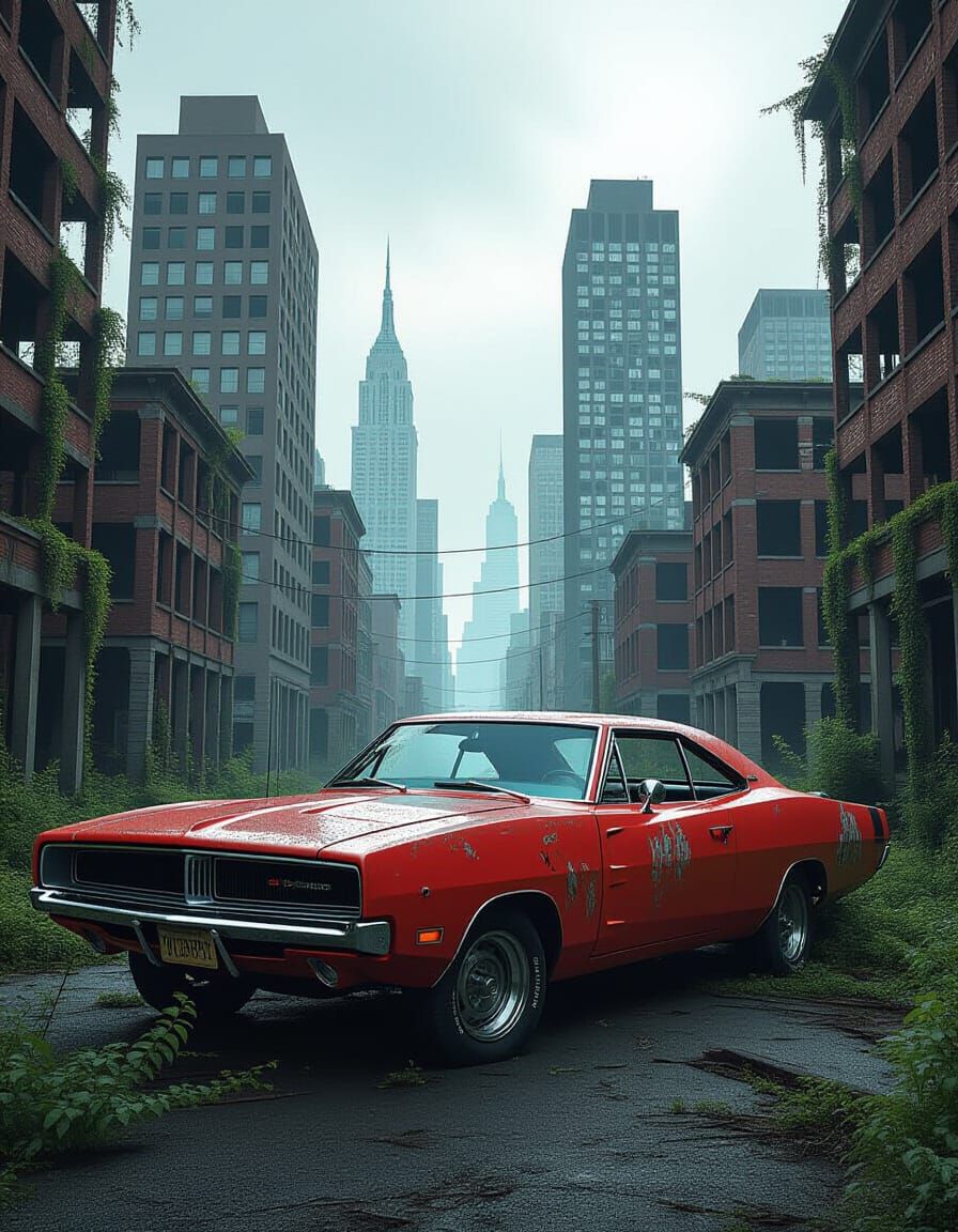 Abandoned Muscle Car in Overgrown Metropolis