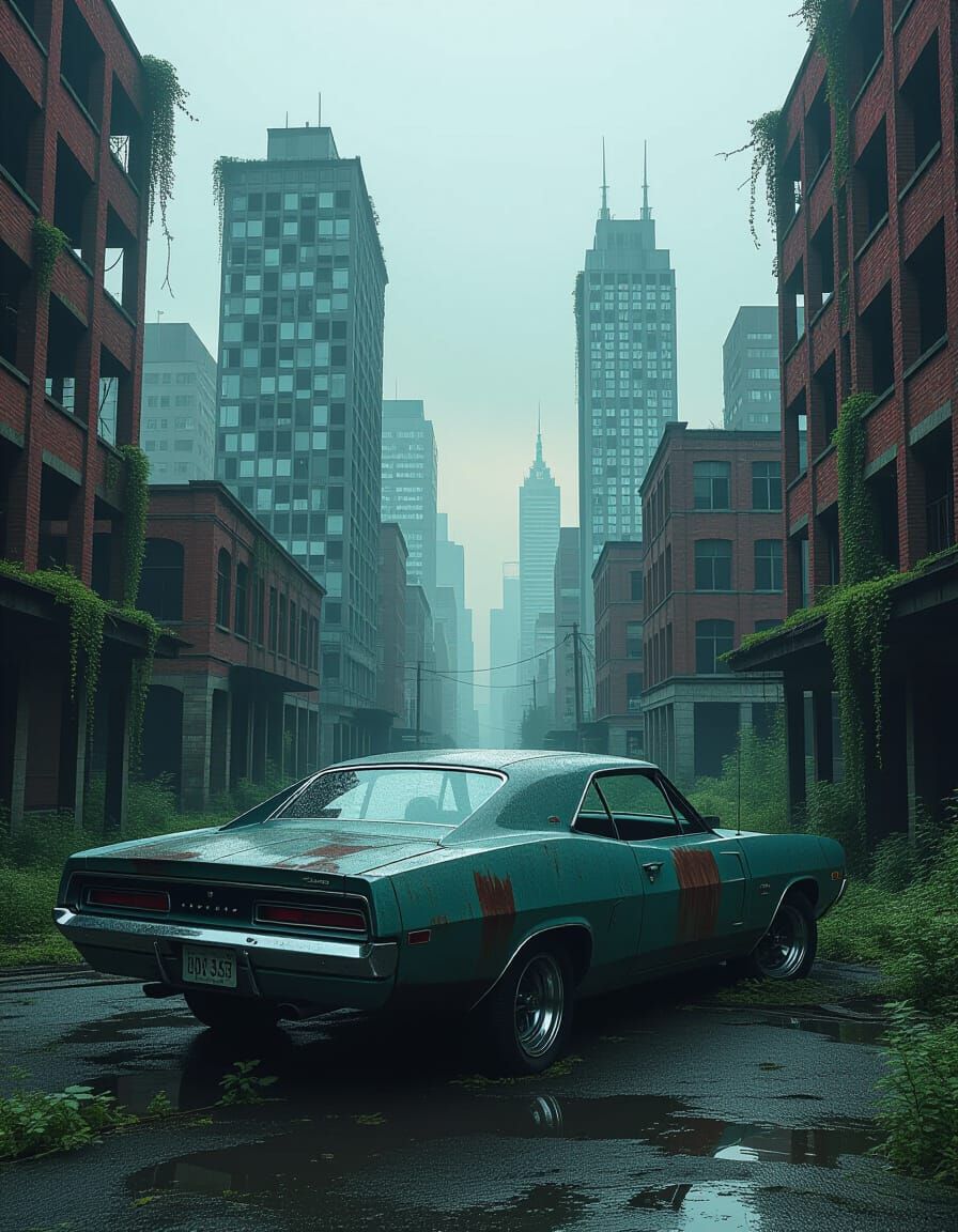 Abandoned Muscle Car in Overgrown Metropolis Digital Art