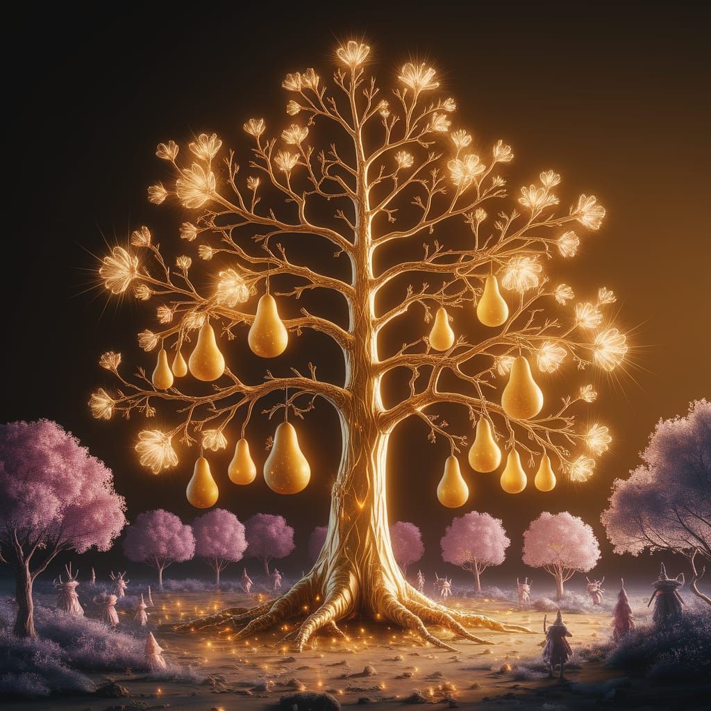 Enchanted Golden Pear Tree in Whimsical Forest