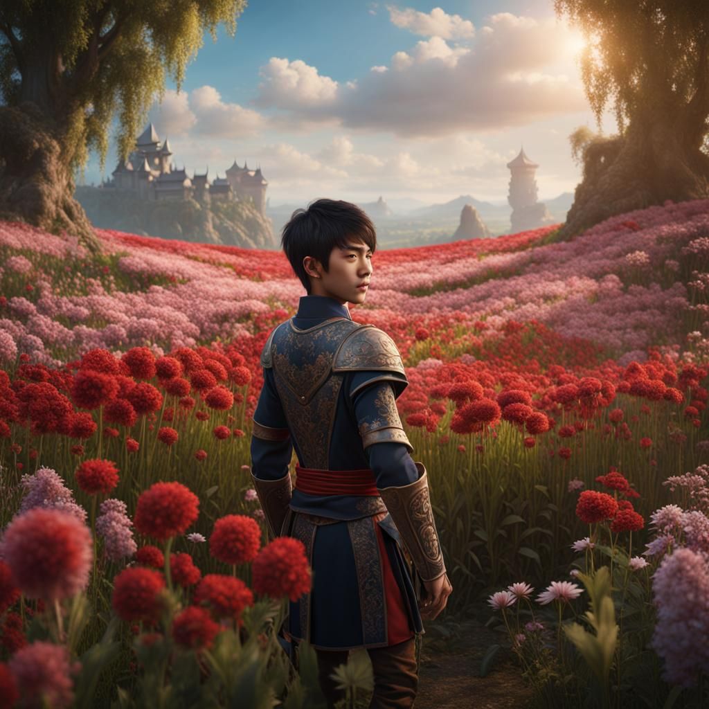 Elegant Young Knight in a Floral Medieval Paradise