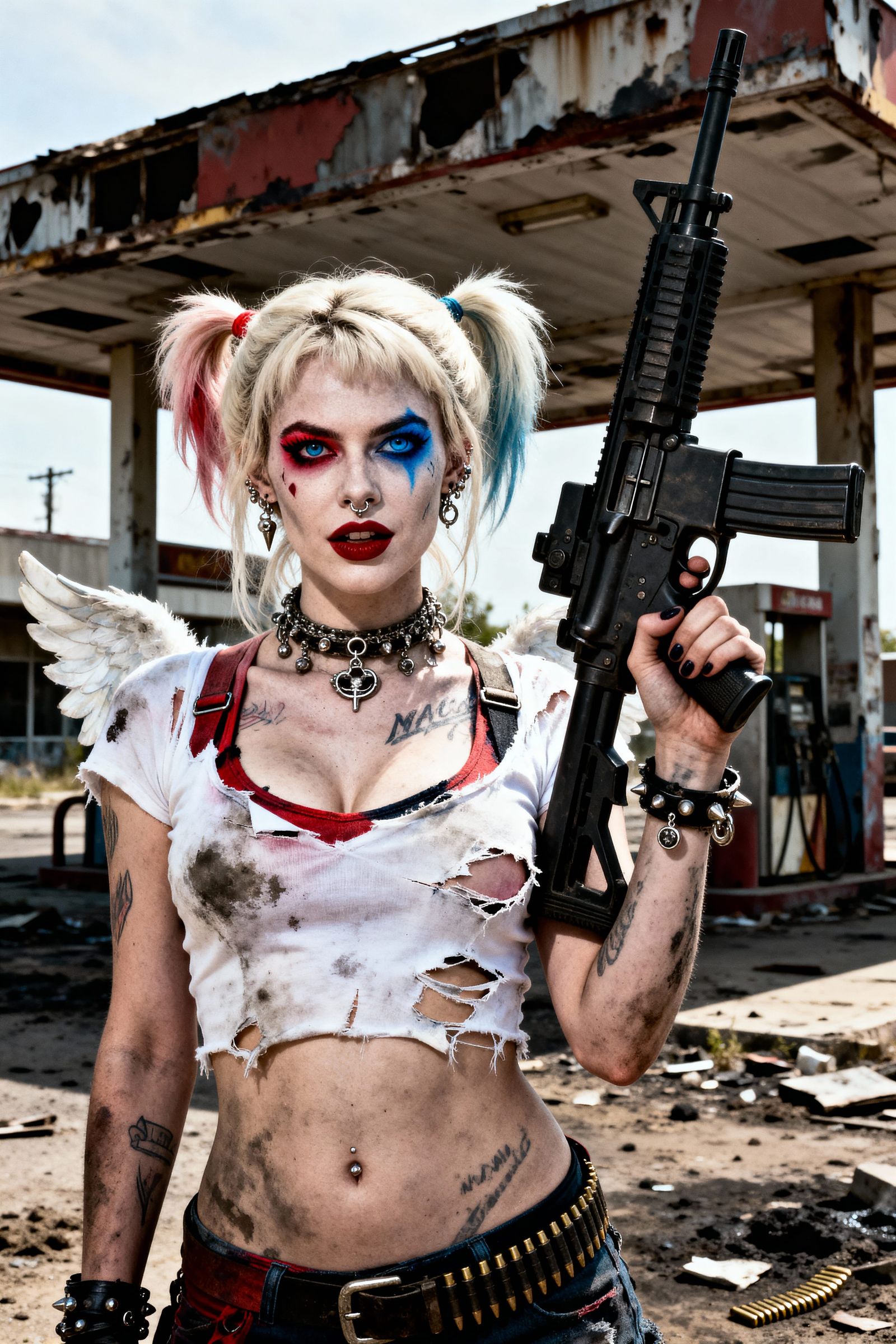 Post-Apocalyptic Angelic Survivor with Harley Quinn Style