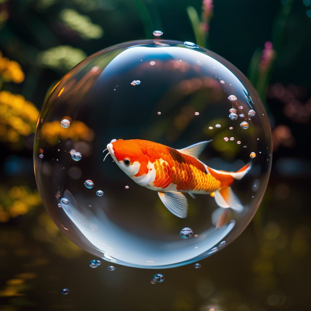 Koi Fish Swimming in Floating Bubble: Photography