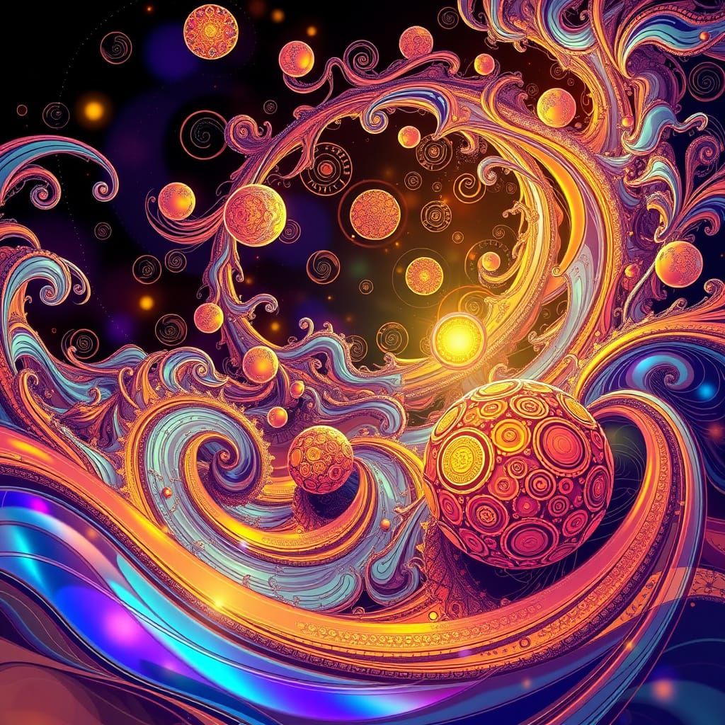 Glowing Orbs in Abstract Fractal Landscape