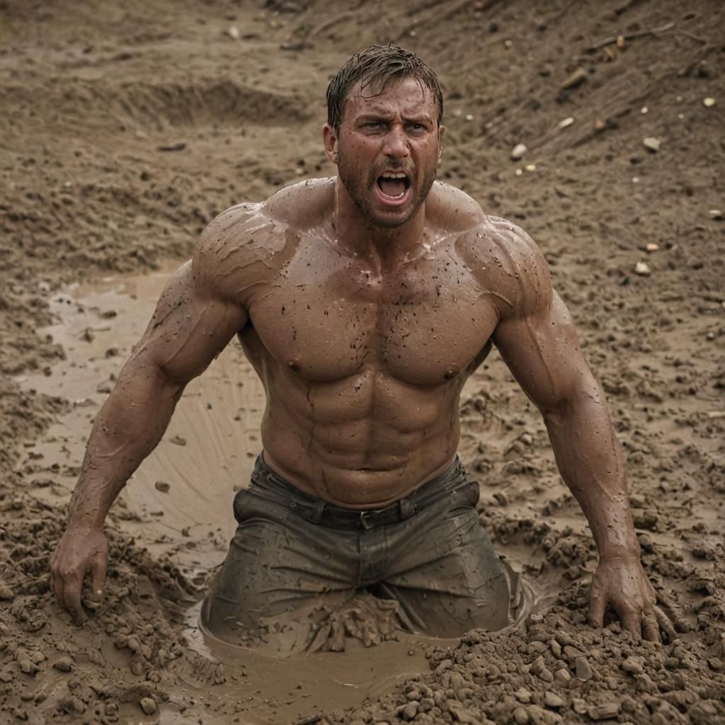 Muscular Man's Desperate Quicksand Escape: Cinematic Still