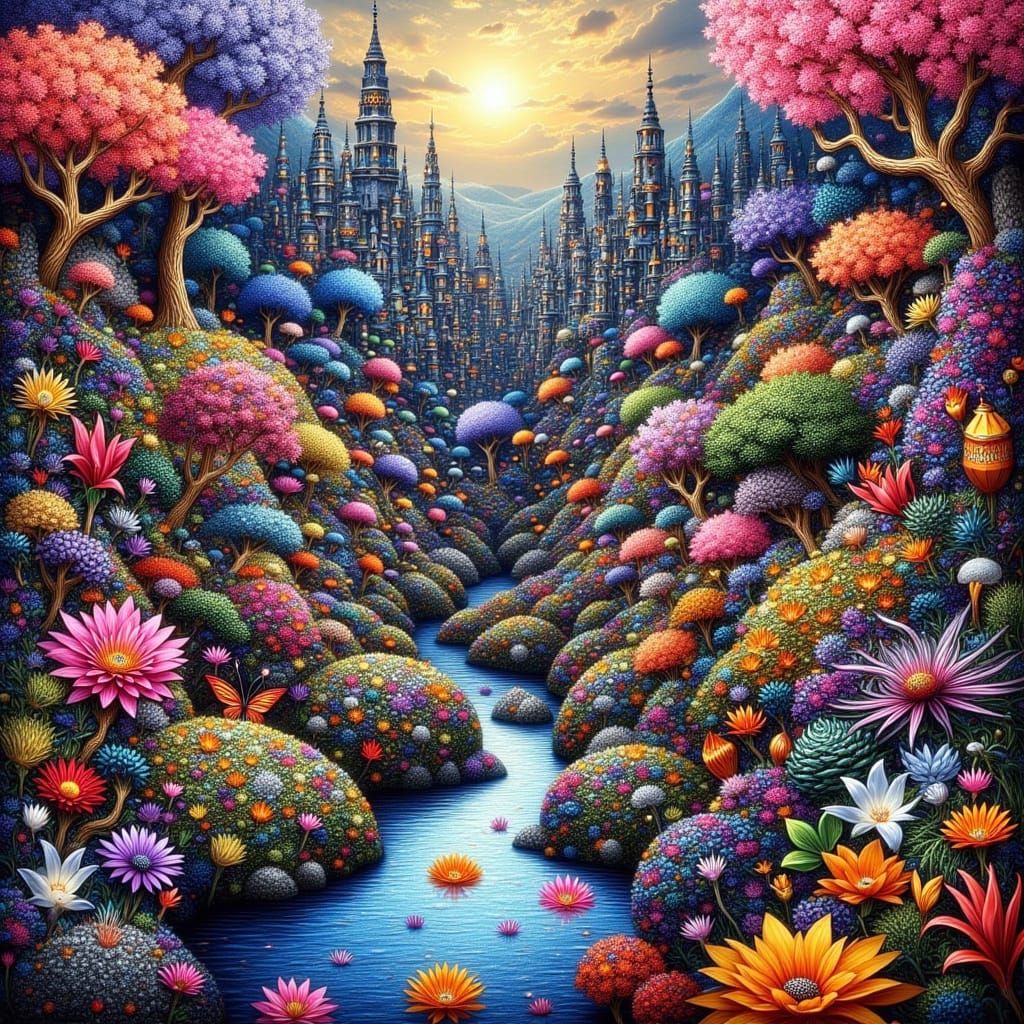 Surreal Zentangle Cityscape with Fractal Designs