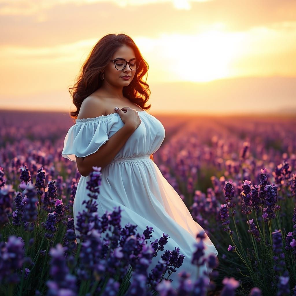 Indian Woman in Lavender Field at Golden Hour