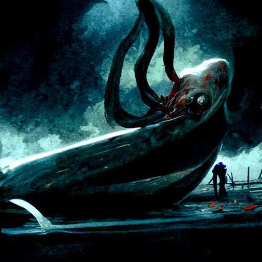 Giant Squid Dominates Sperm Whale, Sinister Art