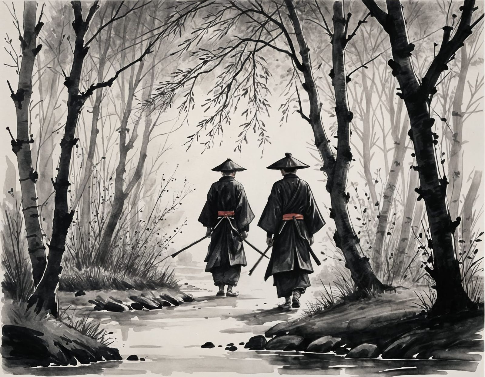 Samurai Under Willows in Sumi-e Style