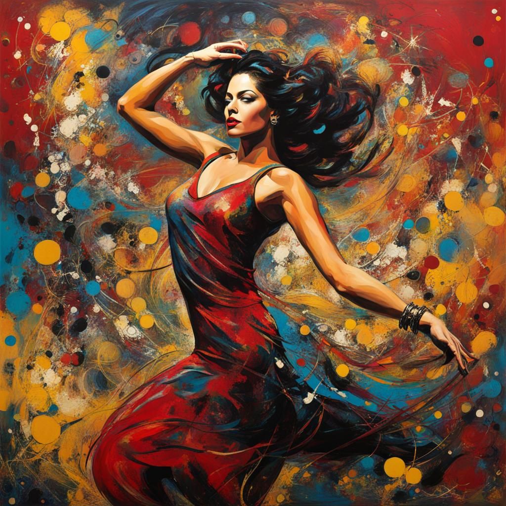 Dynamic Jazz Dancer with Abstract Expressionist Background
