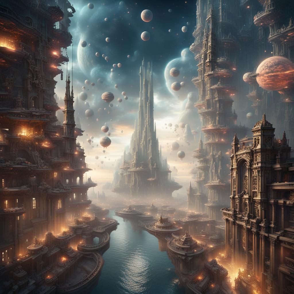 Ethereal City Floating Among Nebulae in 3D Style