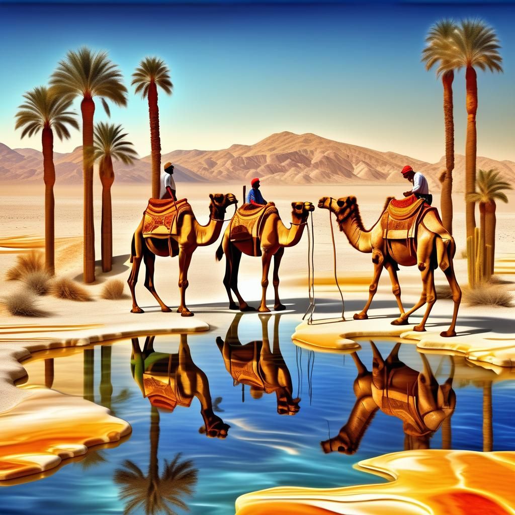 Desert Oasis with Camels in Art Deco Style