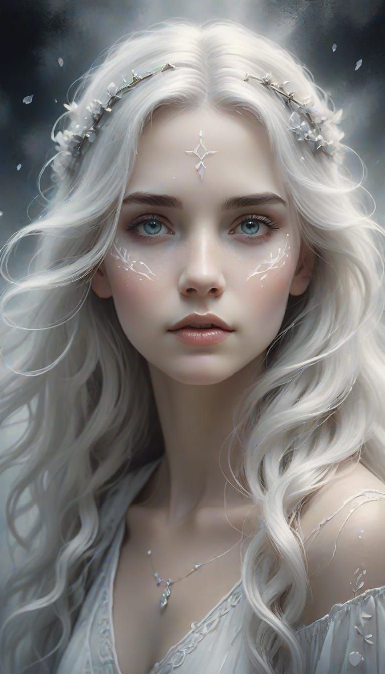 Monochromatic Portrait of a Woman with White Hair in Etherea...