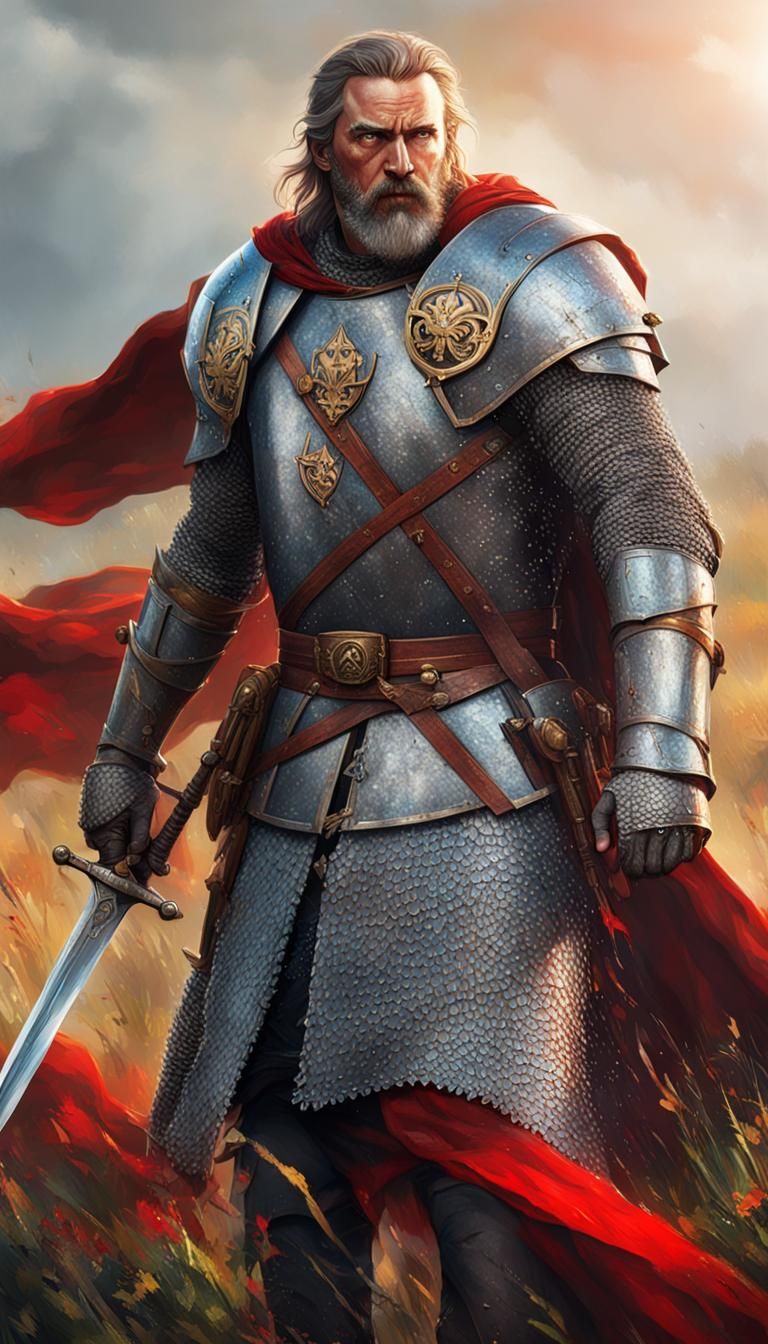 Russian Hero in Chain Mail with Red Shield