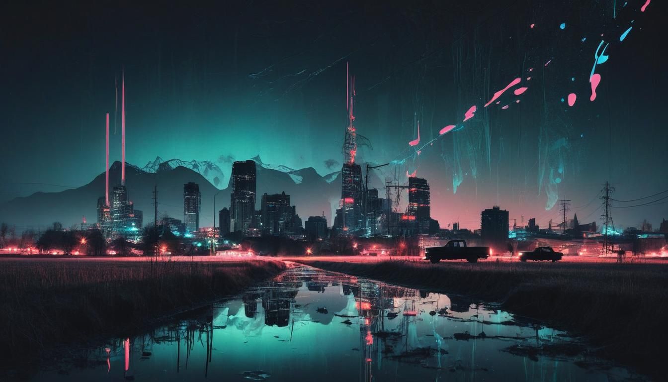 Surreal Cityscape with Melting Neon Stars