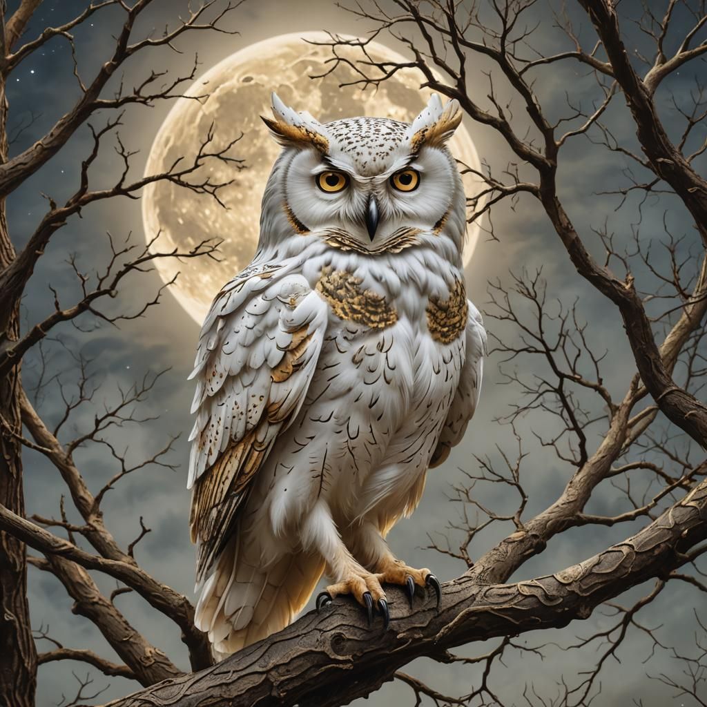 White and Gold Owl in Dreamy Moonlit Scene
