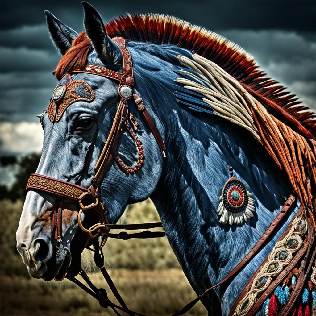 Horse with Warbonnet in Hyperrealistic Style
