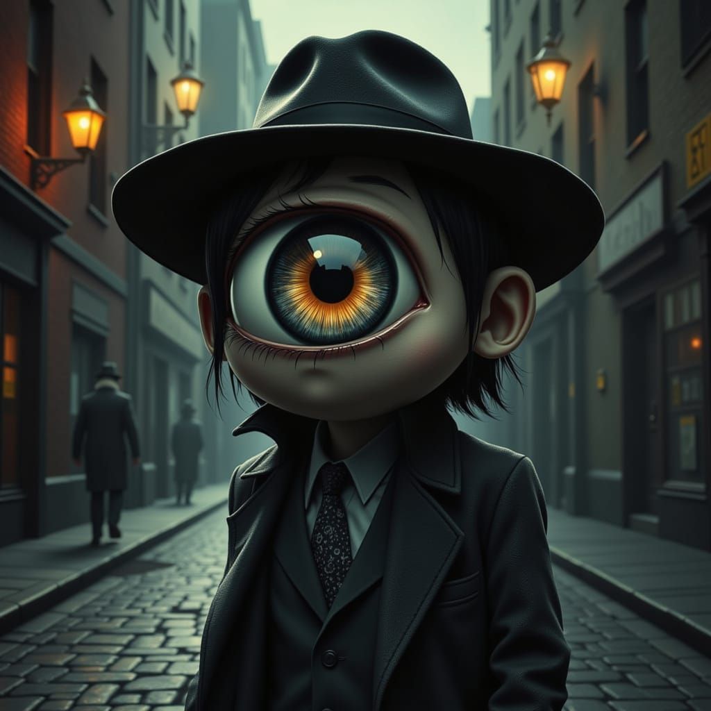 Film Noir Detective Eye in Fedora Hat Glows