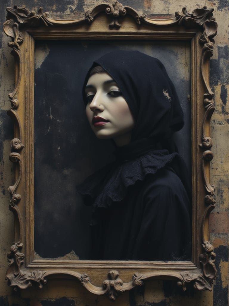 Gothic Girl in Ornate Frame, Dark Atmosphere
