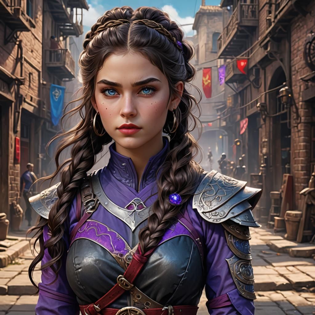 18 year old Female woman with long curly dark brown hair in a ponytail with braided hair fair skin and blue eyes as wear...