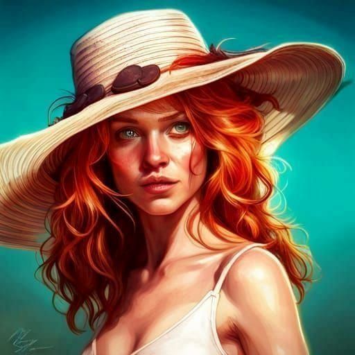 Redhead on Sandy Beach as 3D Digital Art