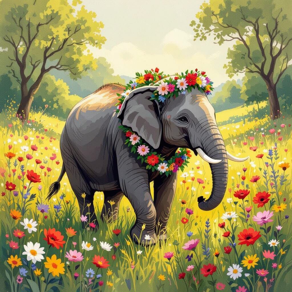 Elephant in Floral Garland, Whimsical Meadow Scene