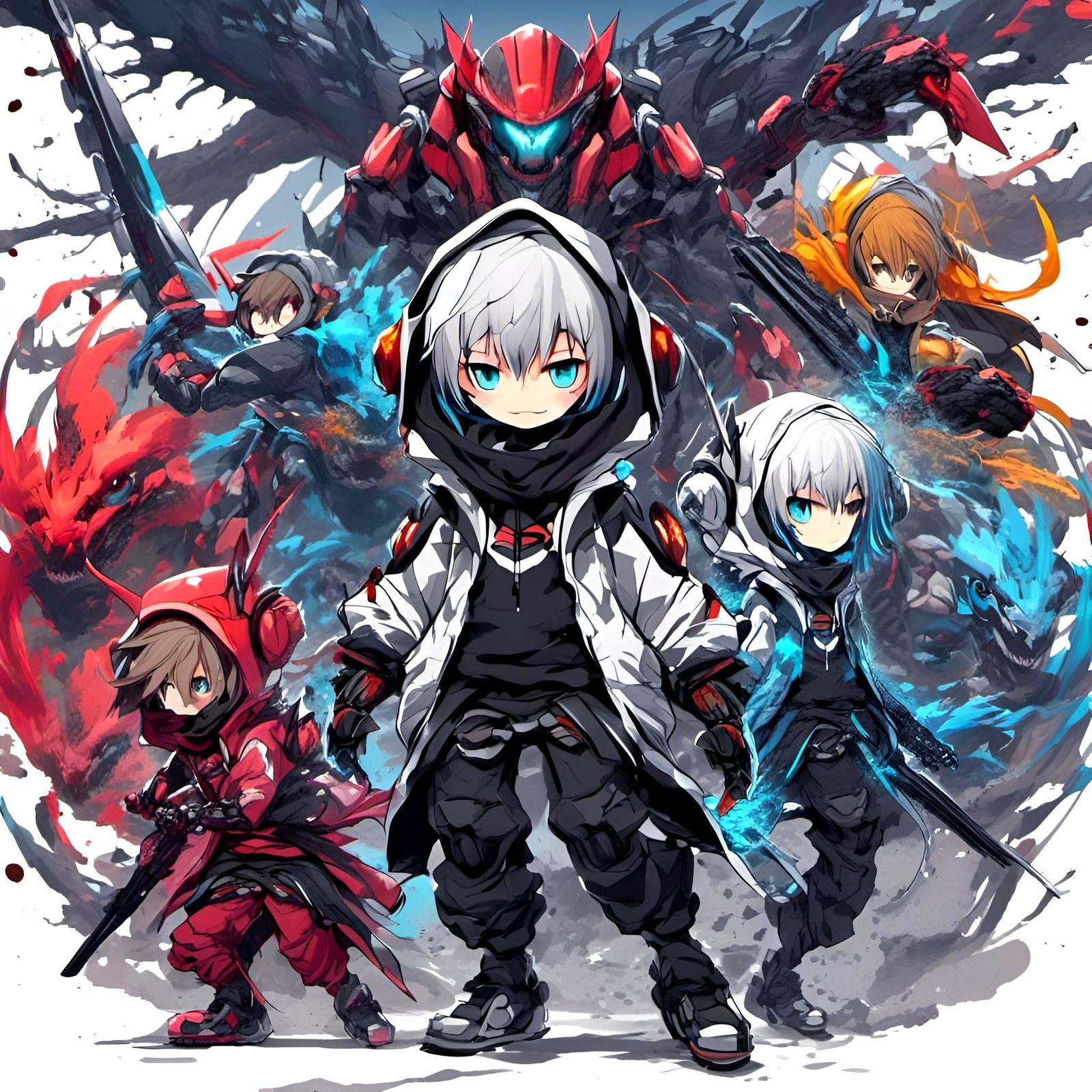 Techwear Chibi Dragon Ninjas in Mecha Future Style