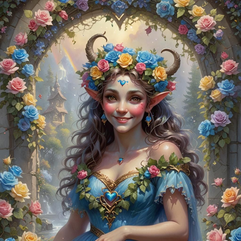 Female Satyr with Rainbow Roses, Ethereal Fantasy