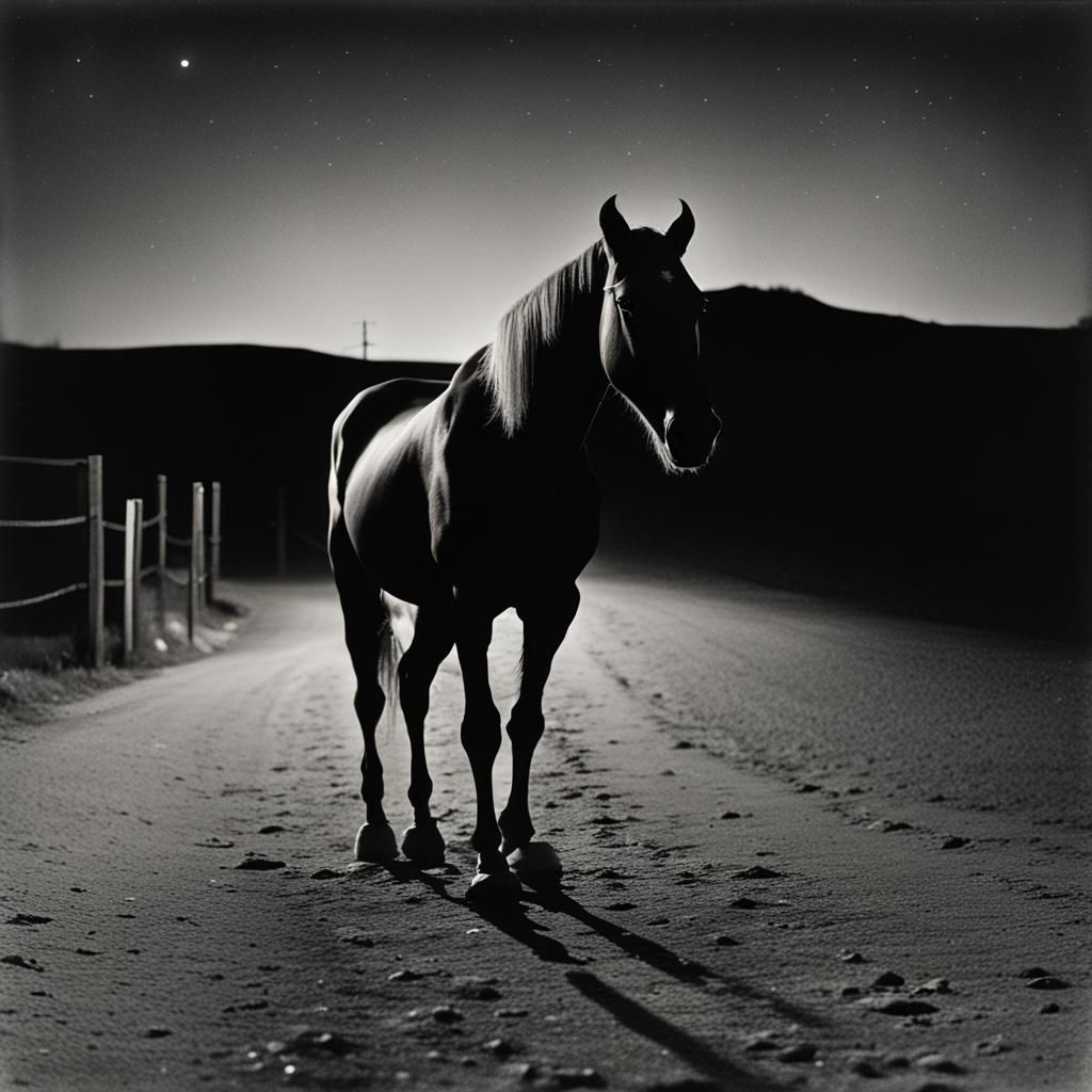 Hyperrealistic Night Horse: Man Ray Style Photograph
