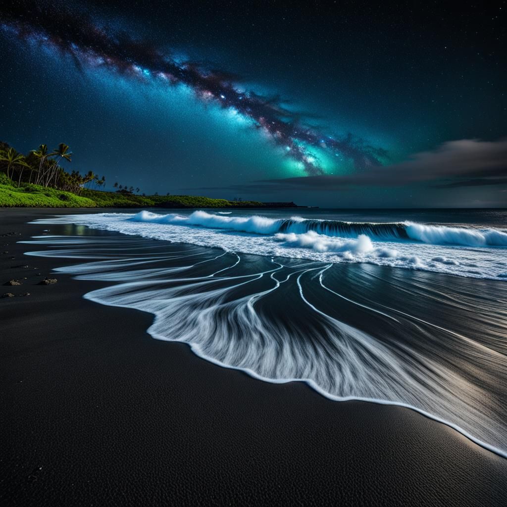 Bioluminescent Waves on Black Sand Beach, Hawaii