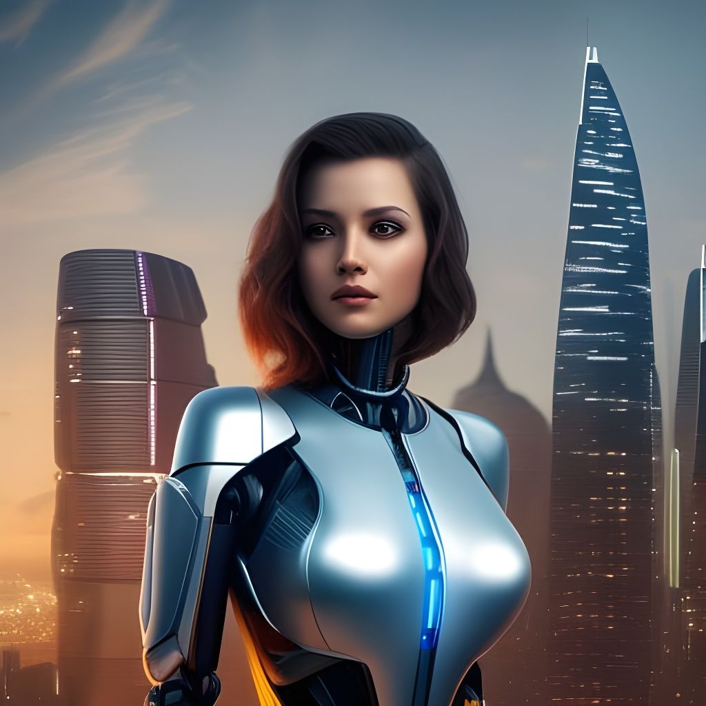 Cybernetic Girl Portrait in Futuristic Cityscape