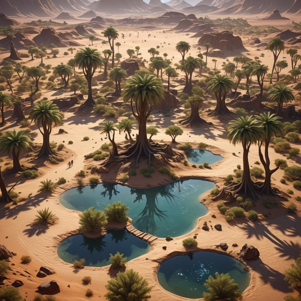 Oasis with Alien Trees and Beasts of Burden