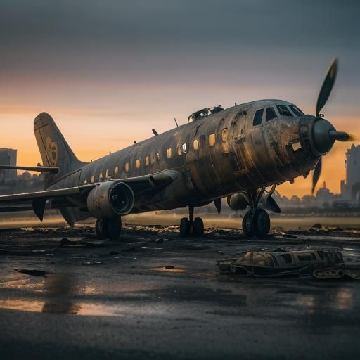Steampunk Neighborhood Scene with Crashed Airplane