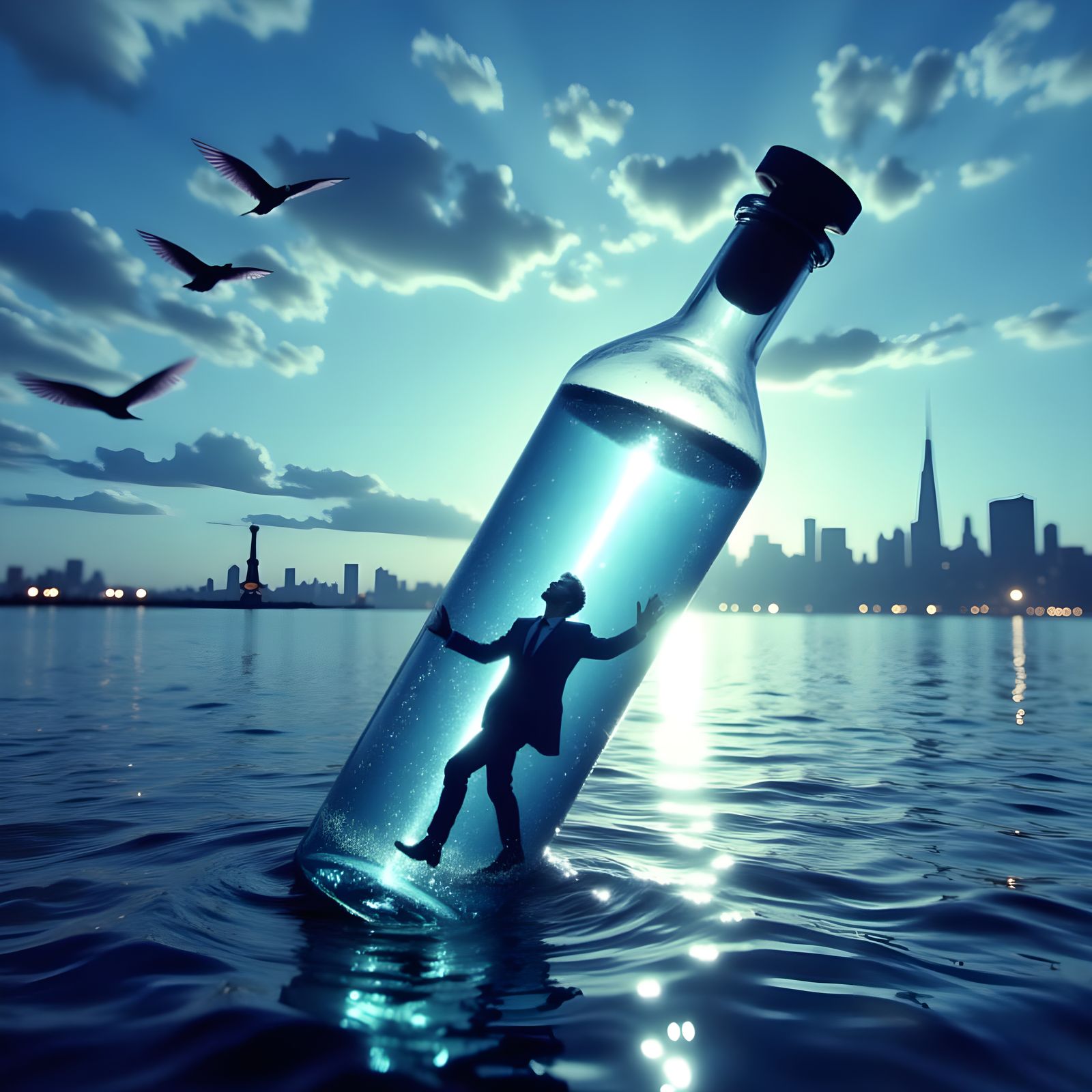 Man Trapped in Bottle Floating on Ocean