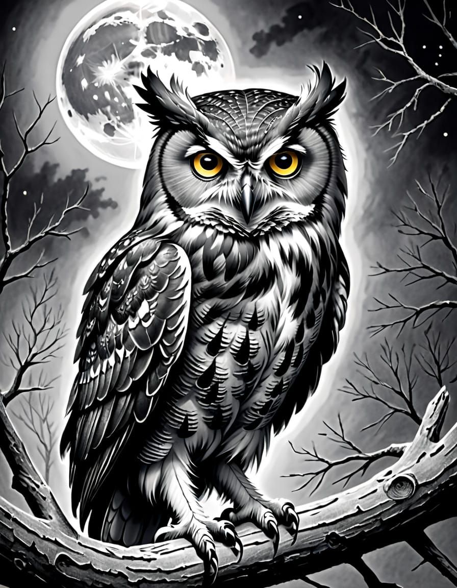 Surreal Owl Amidst Cross-Hatched Full Moon