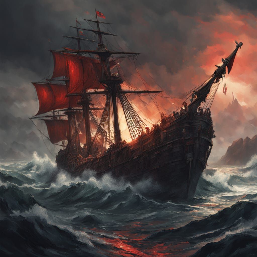 Vampire Pirate Ship on Stormy Seas: Oil Painting
