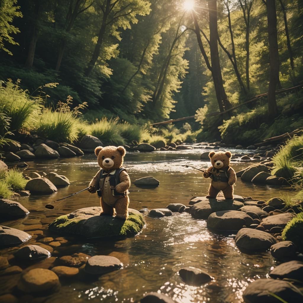 Teddy Bears Fly Fishing in Golden Light