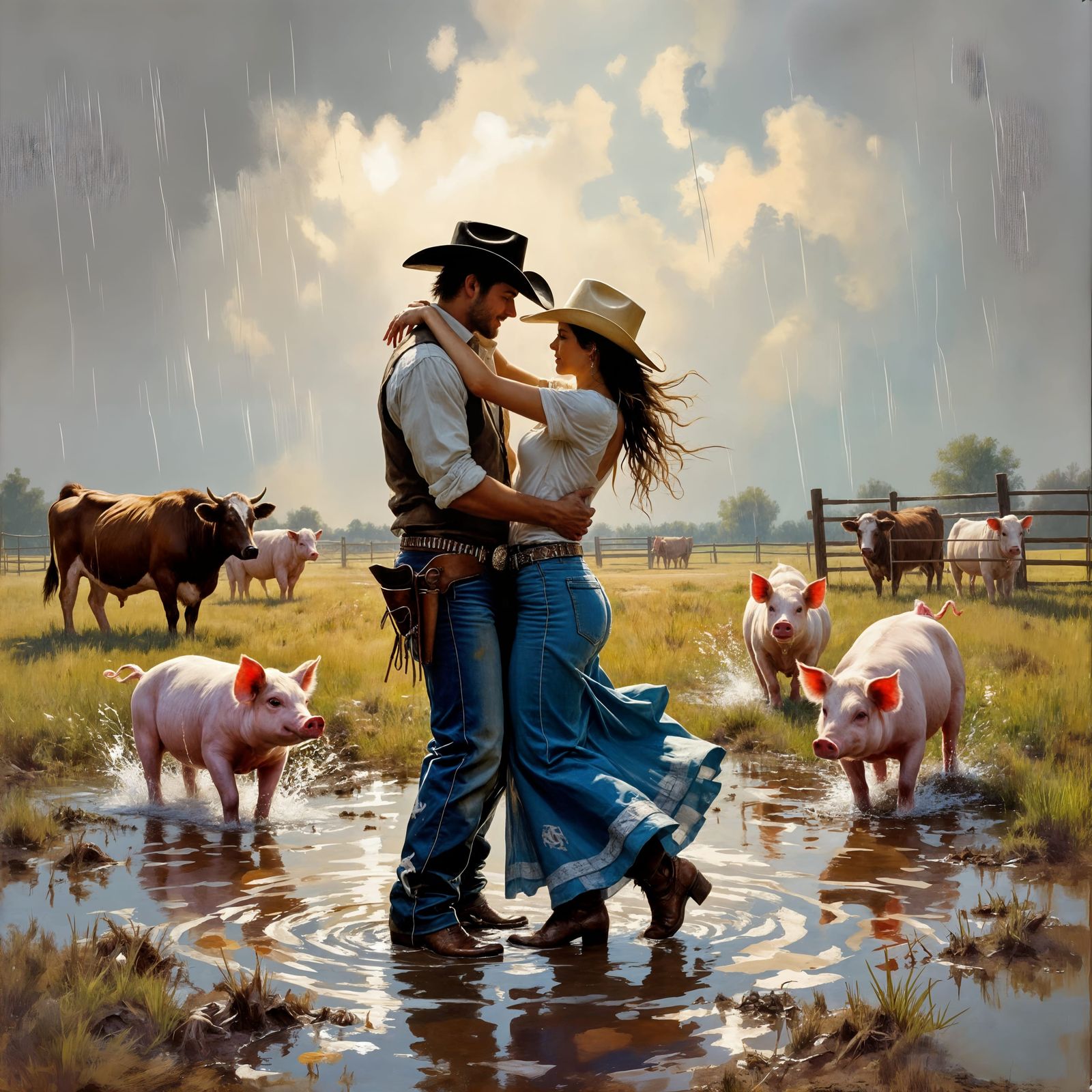 Cowboy and Cowgirl Dancing in Muddy Rain as Oil Painting