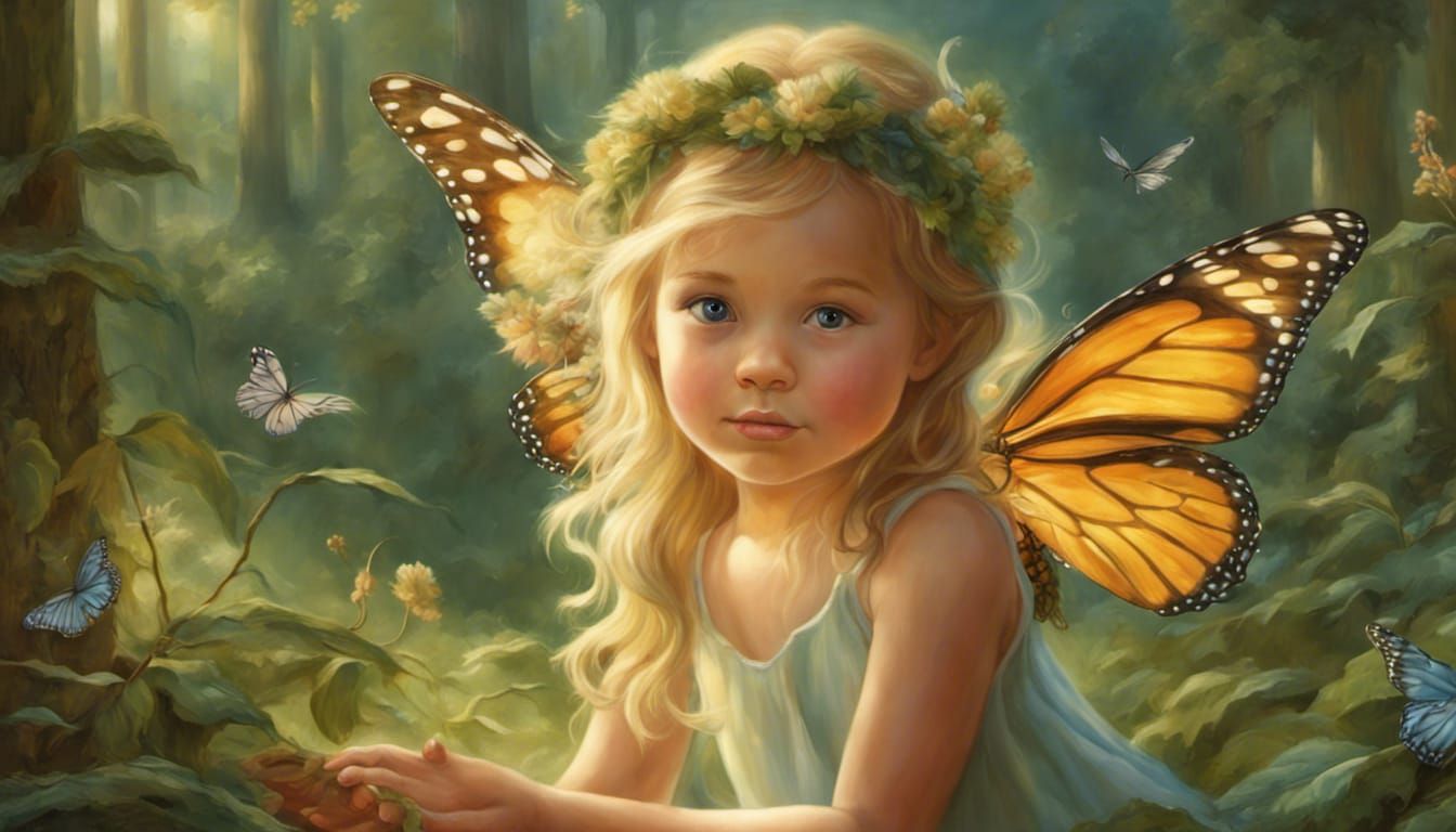 Toddler Fairy with Monarch Wings in Magic Forest